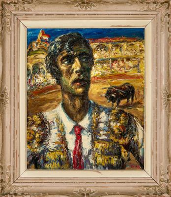 une peinture à l'huile représentant un homme en costume-cravate avec un oiseau sur l'épaule