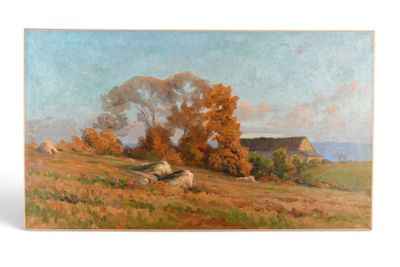 l'image d'une peinture d'un champ avec des arbres en arrière-plan