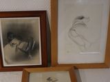 three framed pictures of a woman in a dress and a man in a hat