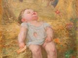 une image représentant un tableau où l'on voit un bébé assis sur un tas de foin