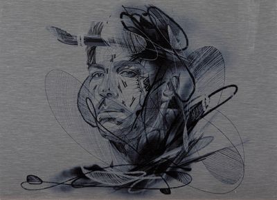 drawing of a man with a feather on his head and a feather on his head