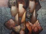 peinture abstraite représentant trois femmes coiffées de chapeaux