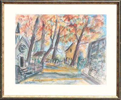 a watercolor painting of a street in the fall
