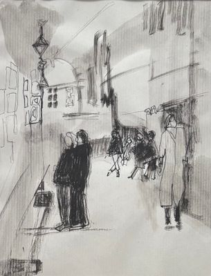 esquisses de personnes marchant dans une rue, dans un dessin en noir et blanc