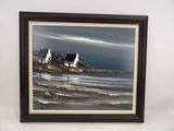 peinture à l'huile encadrée représentant une scène de plage avec un phare au loin