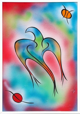 une peinture représentant un oiseau et une abeille sur un fond coloré