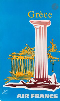 une image représentant une affiche bleue sur laquelle figurent une colonne et un bâtiment