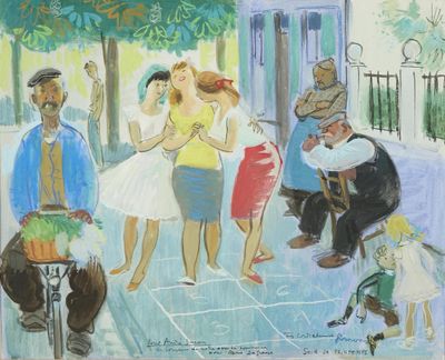 un tableau représentant un groupe de personnes sur un trottoir
