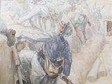 tableau représentant un homme tenant un fusil devant un groupe de soldats