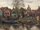 une peinture représentant un bateau sur l'eau, devant une rangée de maisons