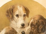 painting of two dogs looking at each other in front of a golden circle