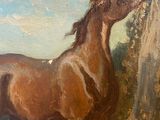 painting of a brown horse standing next to a tree in a field