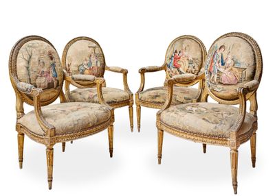 three chairs with a tapestry on the back of them and one with a painting on the back of the chair