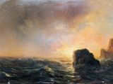 an oil painting of a sunset over the ocean with rocks in the foreground