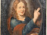 an old painting of a woman with a red cape and blue dress