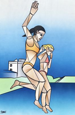 painting of a woman in a bikini and a man in a bathing suit on a beach