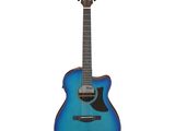 a blue acoustic guitar sitting on top of a white background