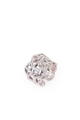 a close up of a silver ring on a white background