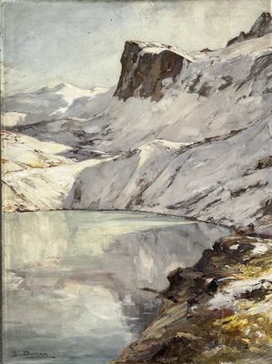 an image of a painting of a mountain scene with a lake