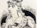 dessin représentant une femme coiffée d'un chapeau, avec un chat sur la tête