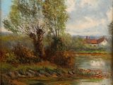 une peinture à l'huile représentant une rivière avec une maison en arrière-plan