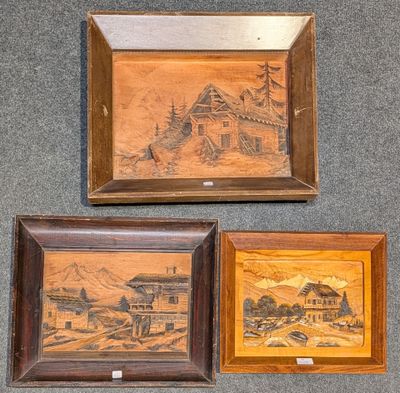 trois tableaux représentant une scène de vie à la ferme, avec une grange en arrière-plan