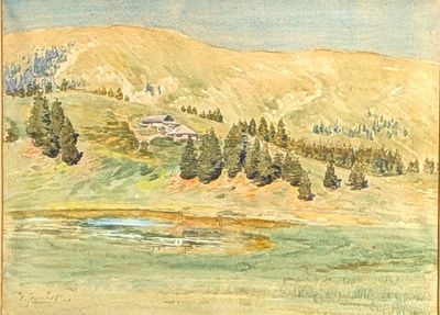 a watercolor painting of a landscape with a mountain in the background