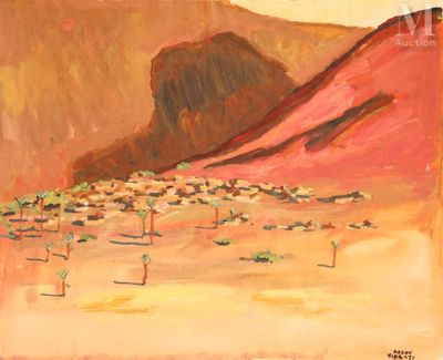 une peinture à l'huile représentant un paysage désertique avec une montagne en arrière-plan