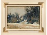 une image représentant un tableau d'une rue enneigée avec des maisons en arrière-plan