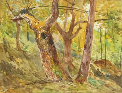 a painting of a tree in the woods with a bird perched on it