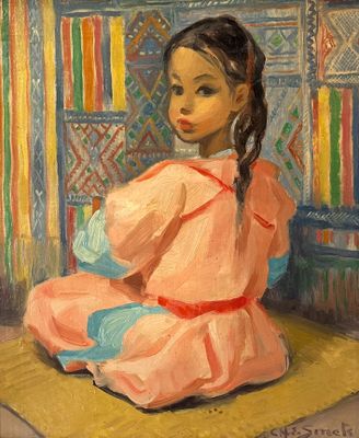 une peinture à l'huile représentant une jeune fille assise sur un tapis dans une pièce