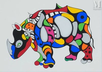 an image of a painting of a rhino with a colorful design on it