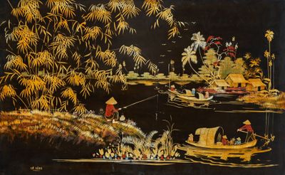 une image d'un tableau représentant un bateau sur l'eau