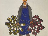 painting of a man in a blue apron holding a bunch of red and yellow flowers