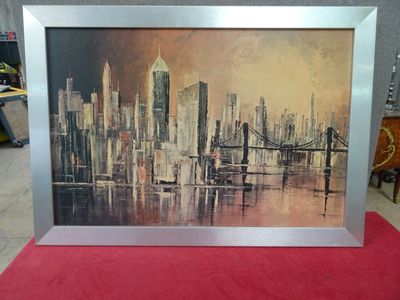 an image of a painting of a cityscape with a bridge in the background