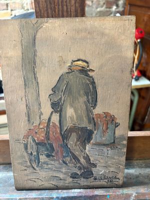 painting of a man walking a dog on a leash in front of a mirror