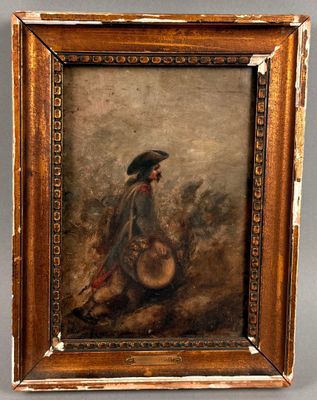 an old painting of a man with a hat and a drum