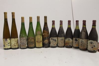 several bottles of wine are lined up in a row on a white surface
