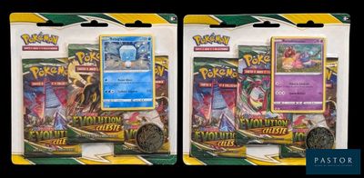 two packs of pokemon trading cards are shown on a black background