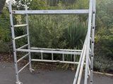 un homme debout à côté d'une échelle dans un parc