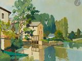 tableau représentant une maison au bord d'une rivière, avec un bateau devant