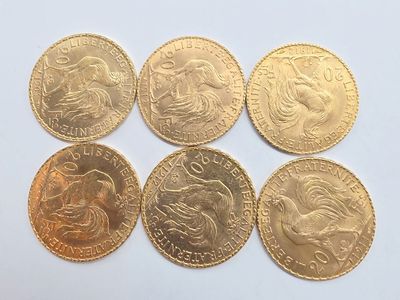 six types différents de pièces d'or posées sur une surface blanche