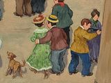 a painting of a crowd of people standing around a pole