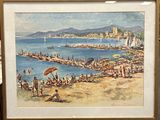 une peinture de personnes sur la plage au bord de l'eau