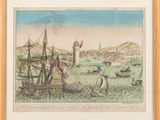 an old drawing of a harbor scene with ships and a lighthouse