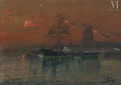 painting of a ship in a body of water with a mountain in the background