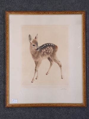 painting of a fawn in a frame on a wall