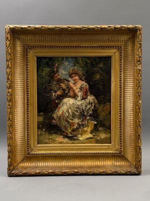 une image représentant un tableau où l'on voit une femme en robe assise sur un rocher