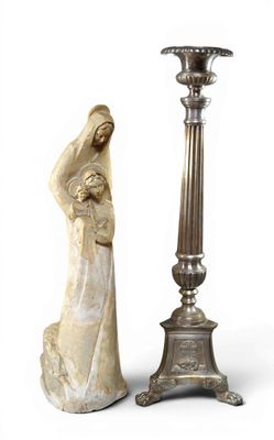 pair of silver candlesticks with a statue of a woman holding a child
