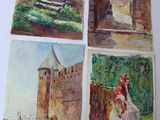 four watercolor paintings of a castle and a woman in a white dress